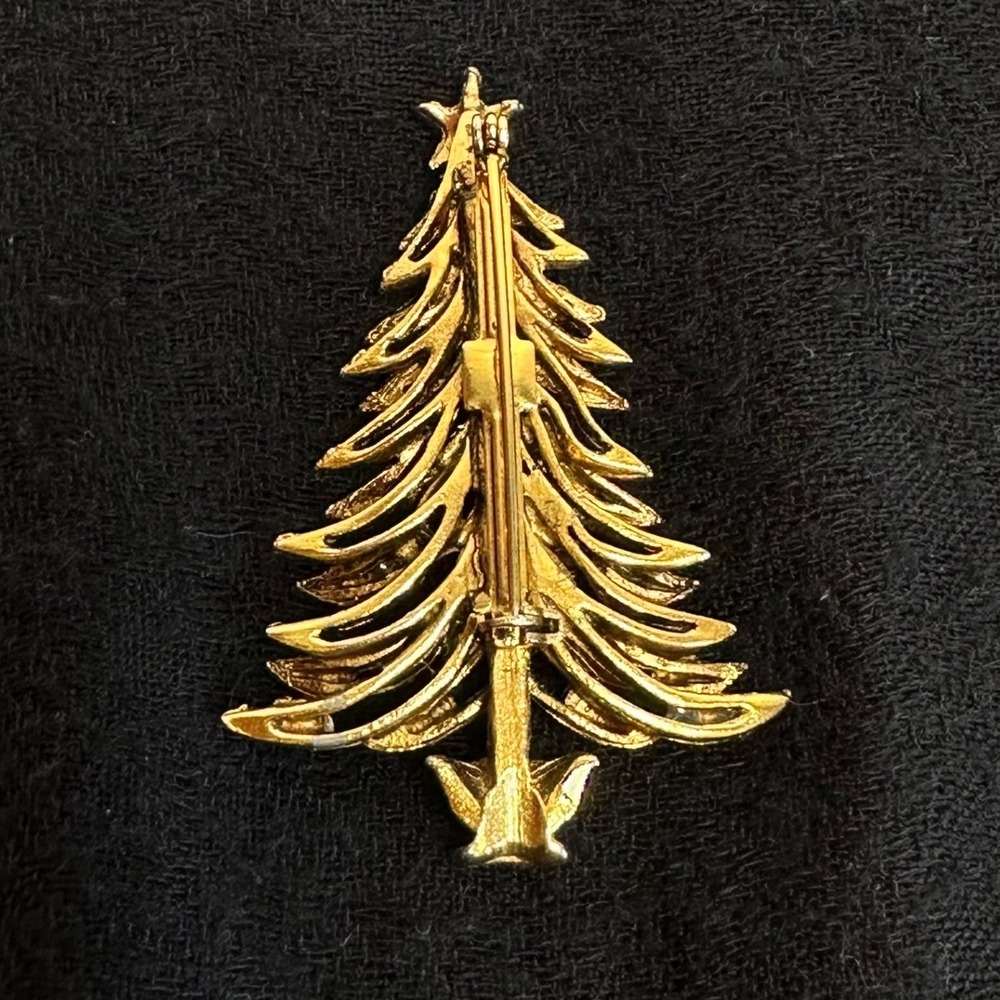 Christmas Tree Brooch Gold Tone Multicolor Rhinestone Holiday Pin - Picture 3 of 5